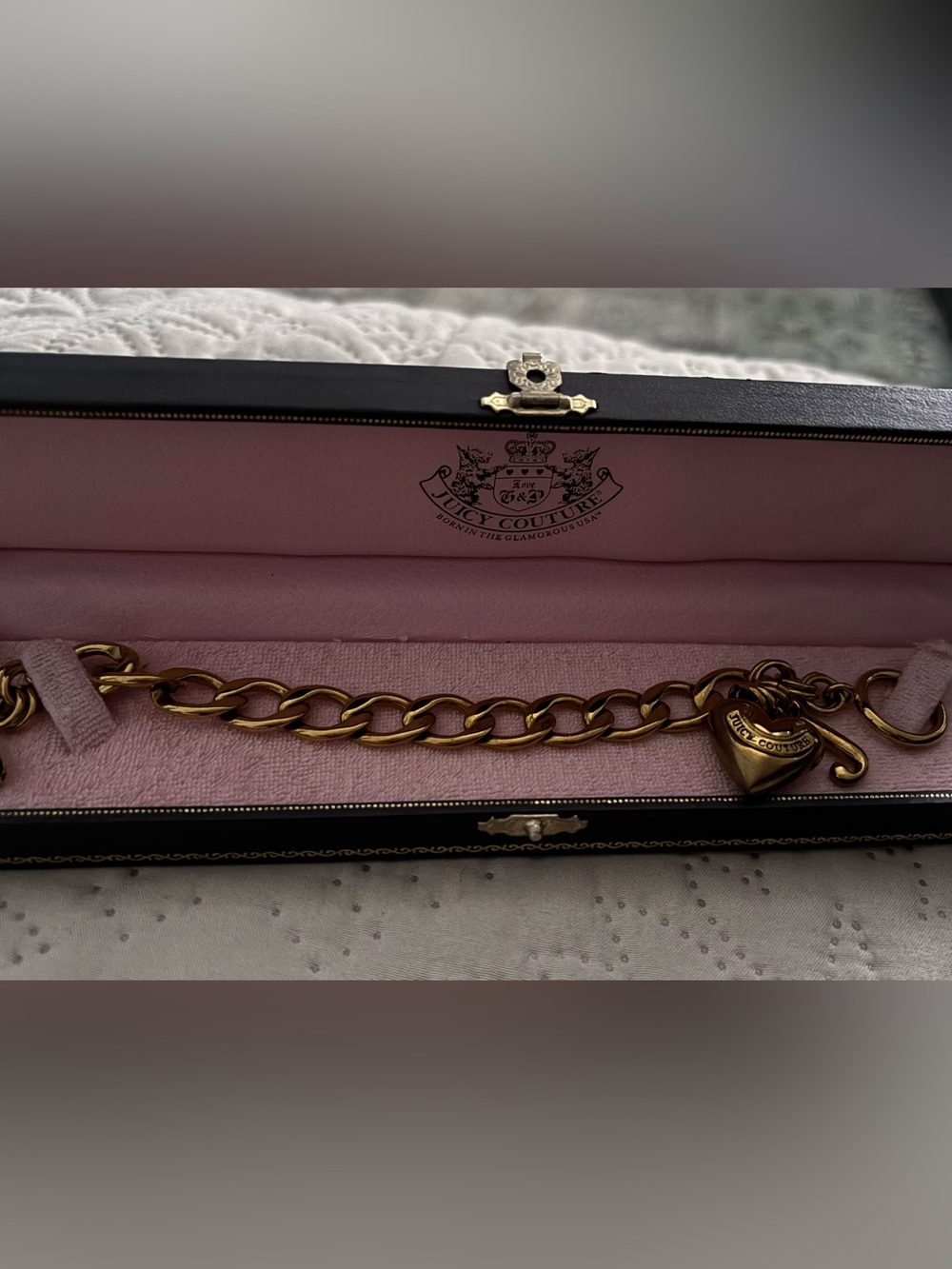 Juicy Couture Gold Chain Bracelet with Heart Charm - Pink Lined Case